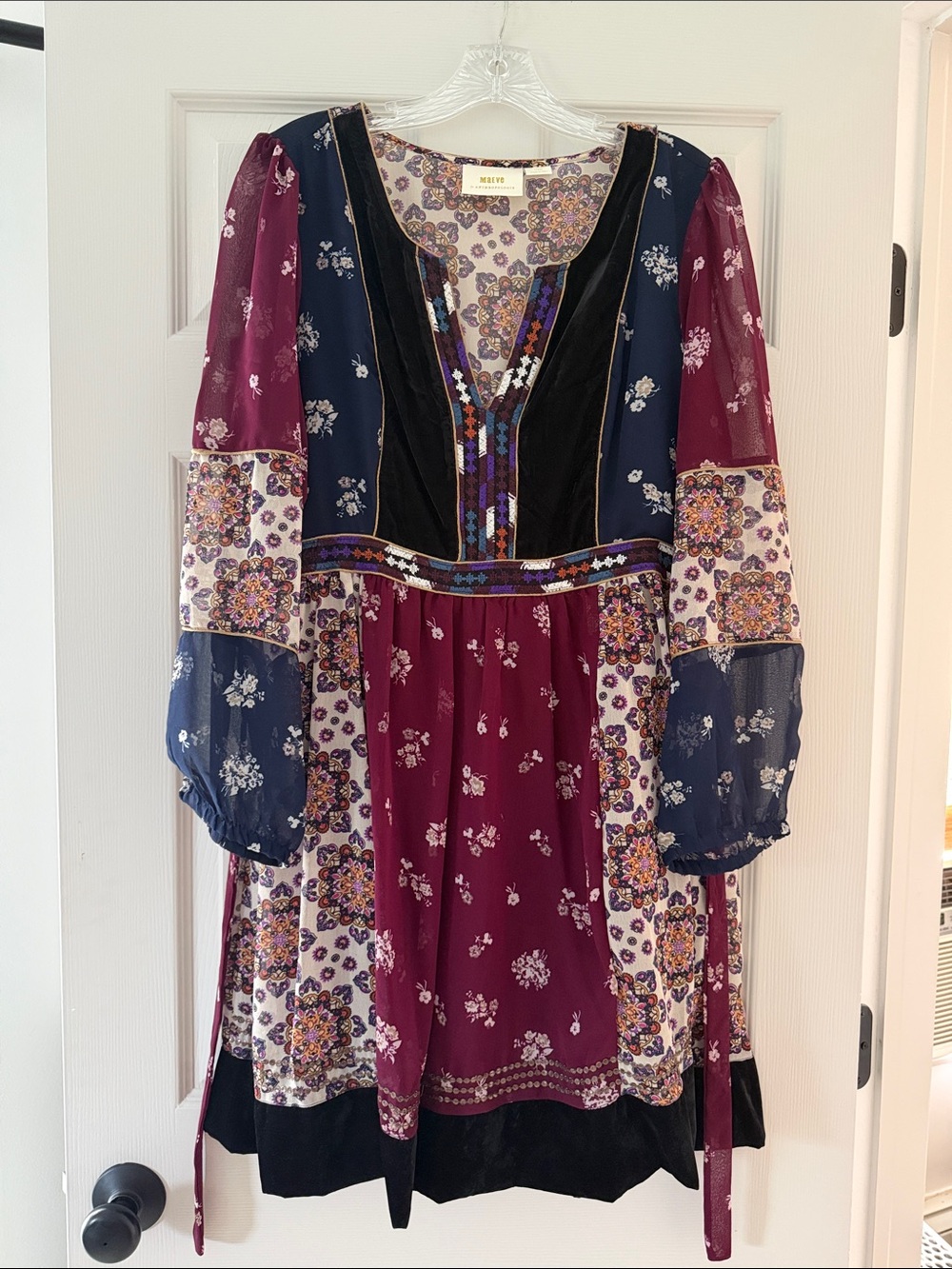 Anthropologie Boho Floral Patchwork Long-Sleeve Dress in Burgundy and Navy